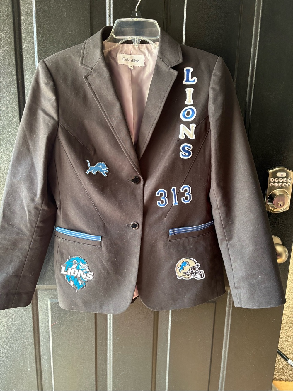 Calvin Klein Women’s Black Blazer with Detroit Lions Patches upcycled